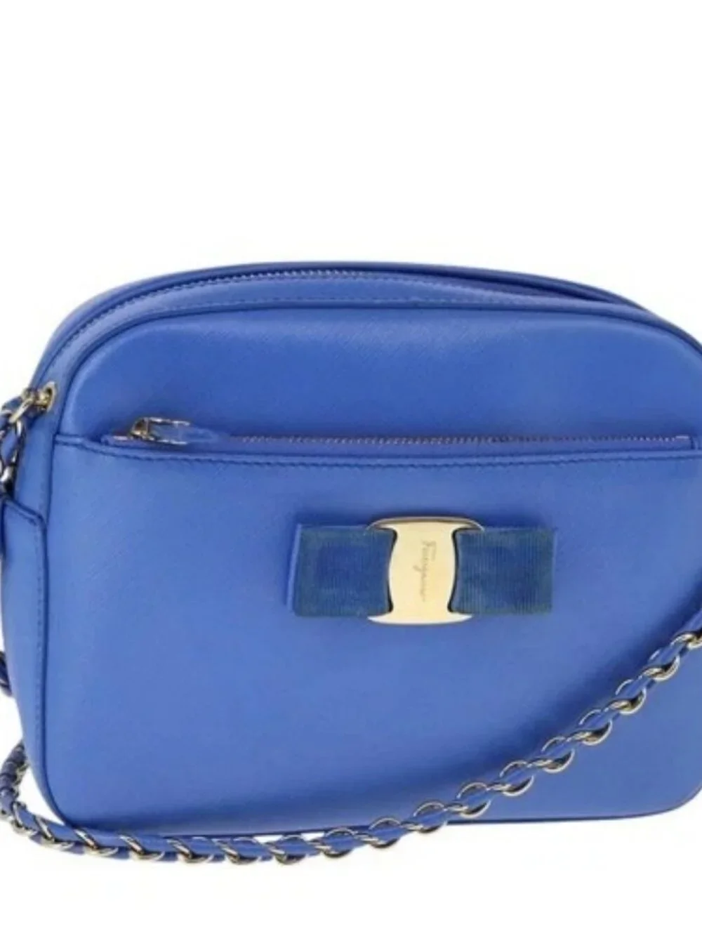 Salvatore Ferragamo Vala Chain Shoulder Bag Leather Blue Gold Auth 106166